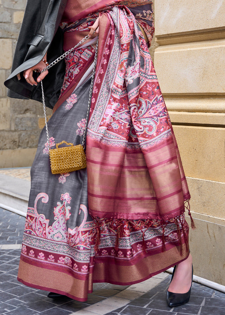 Grey & Pink Digital Floral Printed Silk Saree Clothsvilla