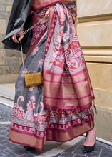 Load image into Gallery viewer, Grey &amp; Pink Digital Floral Printed Silk Saree Clothsvilla