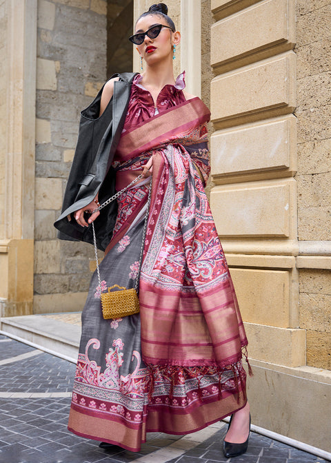 Grey & Pink Digital Floral Printed Silk Saree Clothsvilla Main image