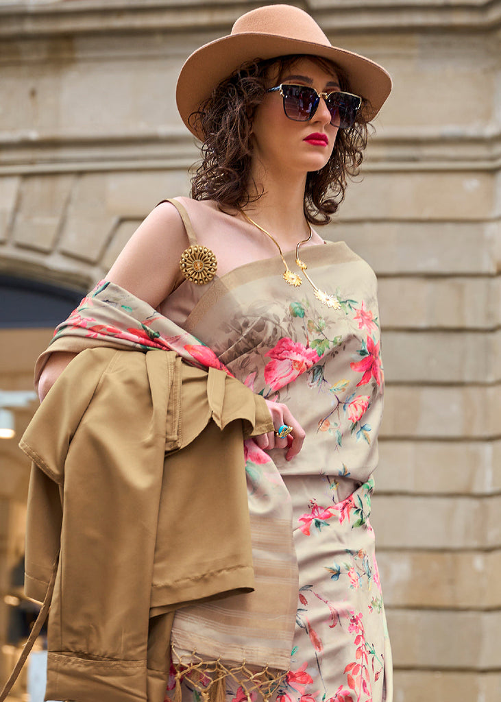 Tan Brown Digital Floral Printed Silk Saree Clothsvilla