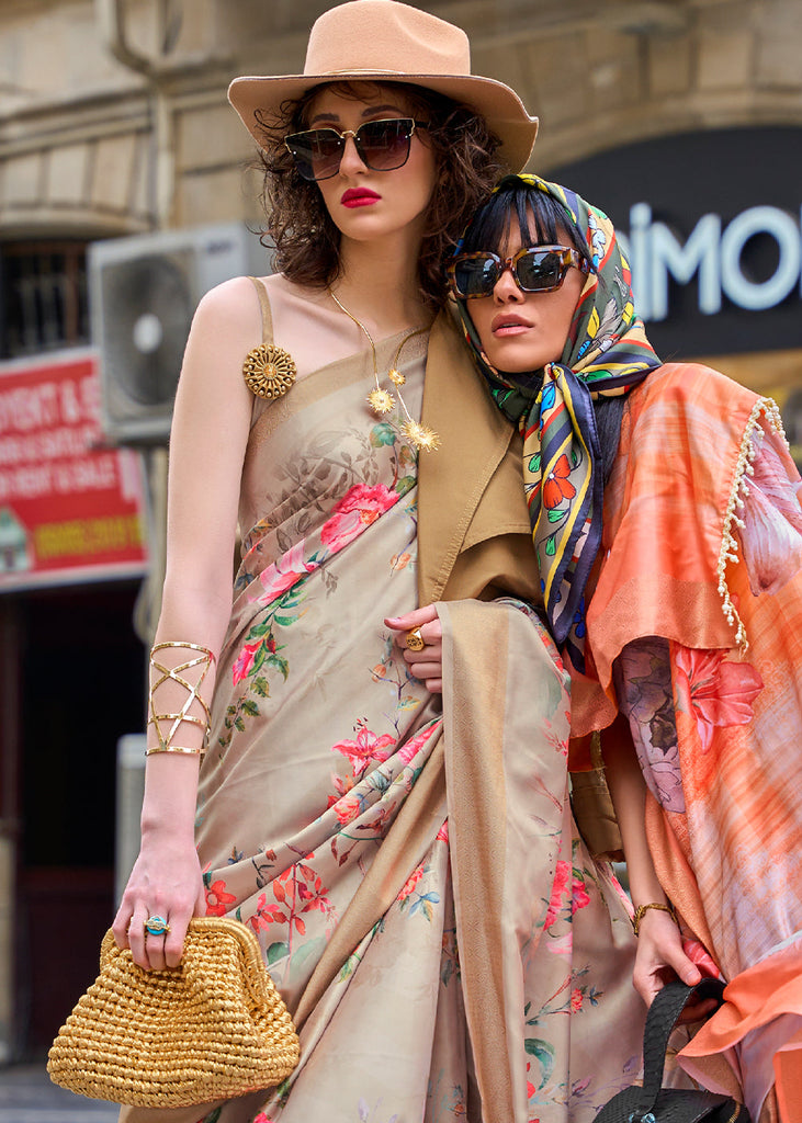 Tan Brown Digital Floral Printed Silk Saree Clothsvilla