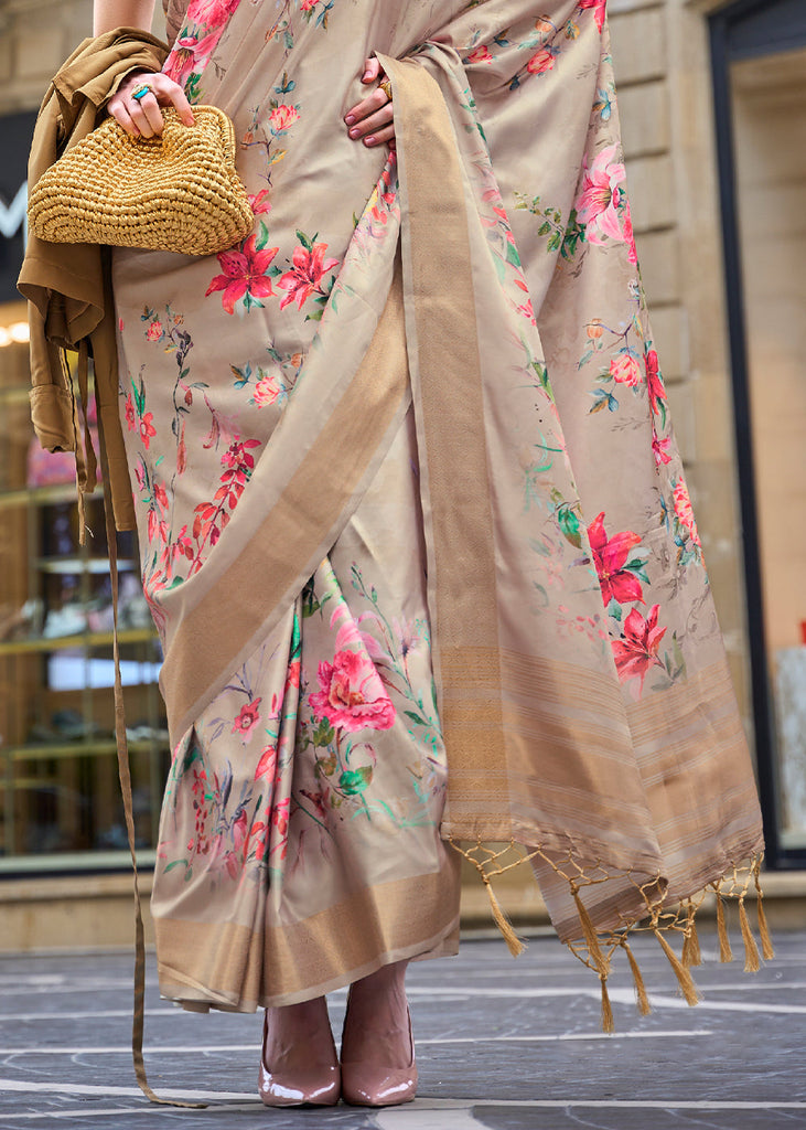 Tan Brown Digital Floral Printed Silk Saree Clothsvilla