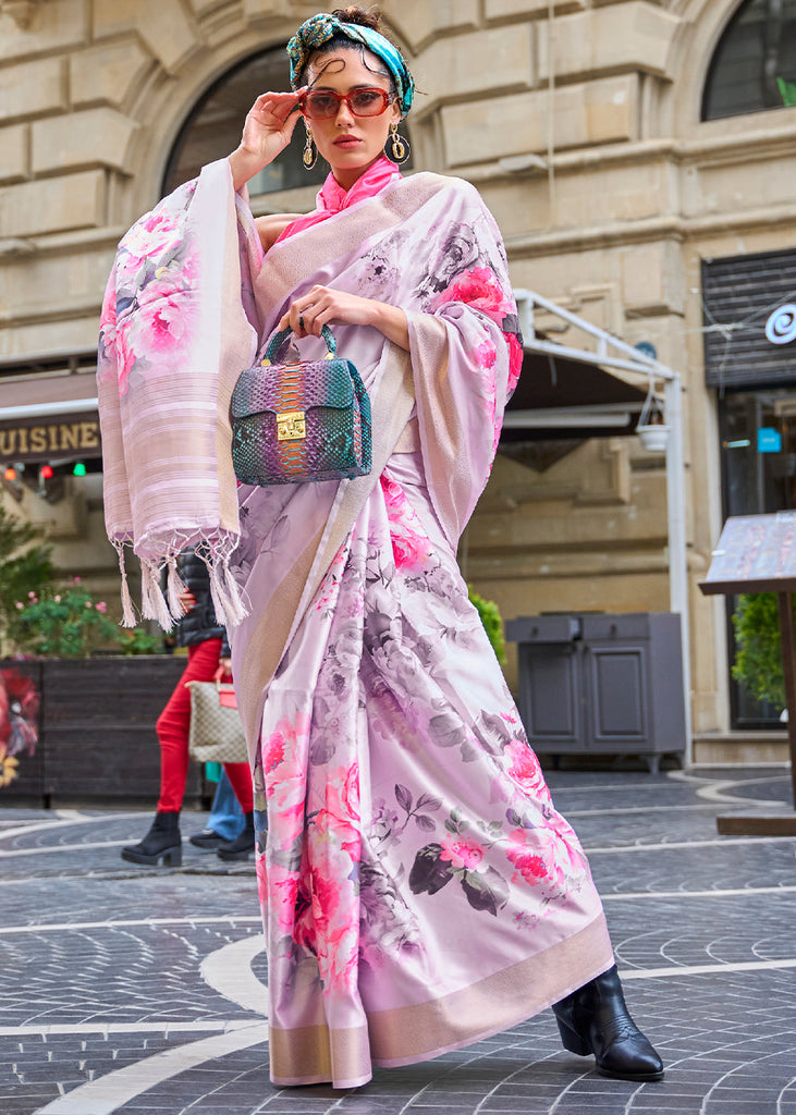 Lavender Purple Digital Floral Printed Silk Saree Clothsvilla