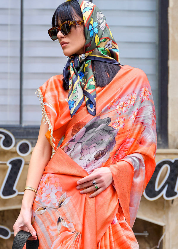 Neon Orange Digital Floral Printed Silk Saree Clothsvilla