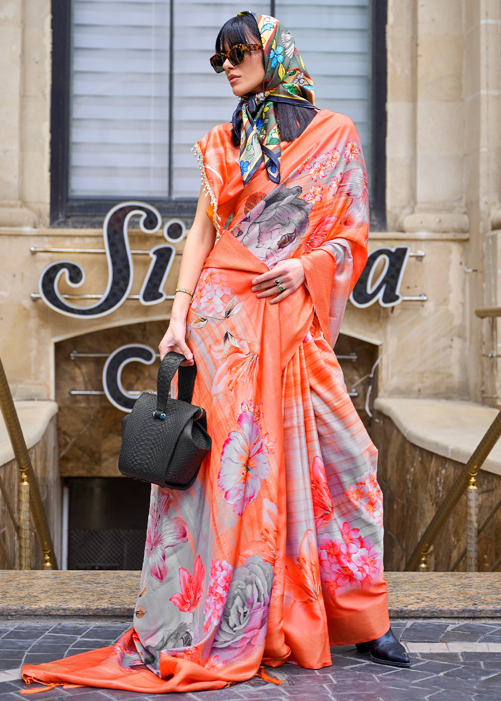 Neon Orange Digital Floral Printed Silk Saree Clothsvilla Main image