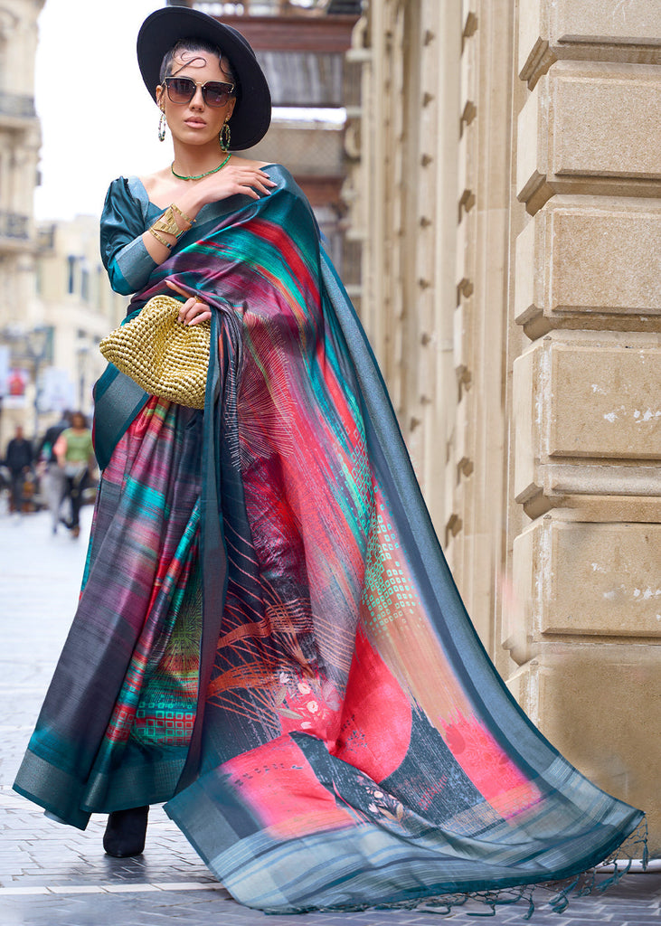 Multi Colored Digital Floral Printed Silk Saree Clothsvilla