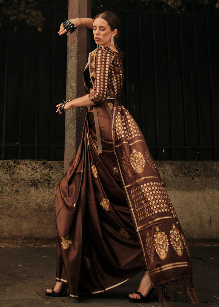 Coffee Brown Handloom Woven Satin Silk Saree Clothsvilla