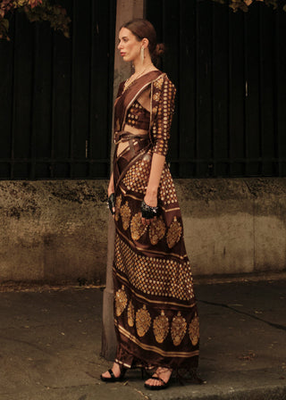 Coffee Brown Handloom Woven Satin Silk Saree Clothsvilla
