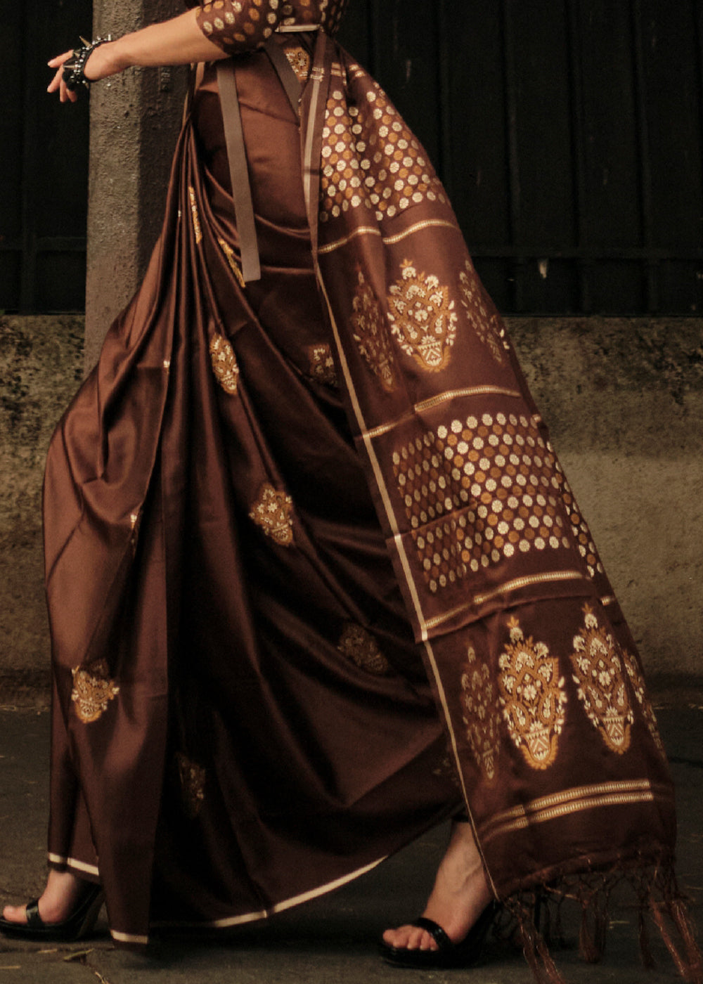 Coffee Brown Handloom Woven Satin Silk Saree Clothsvilla