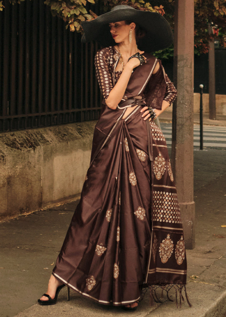 Coffee Brown Handloom Woven Satin Silk Saree Clothsvilla