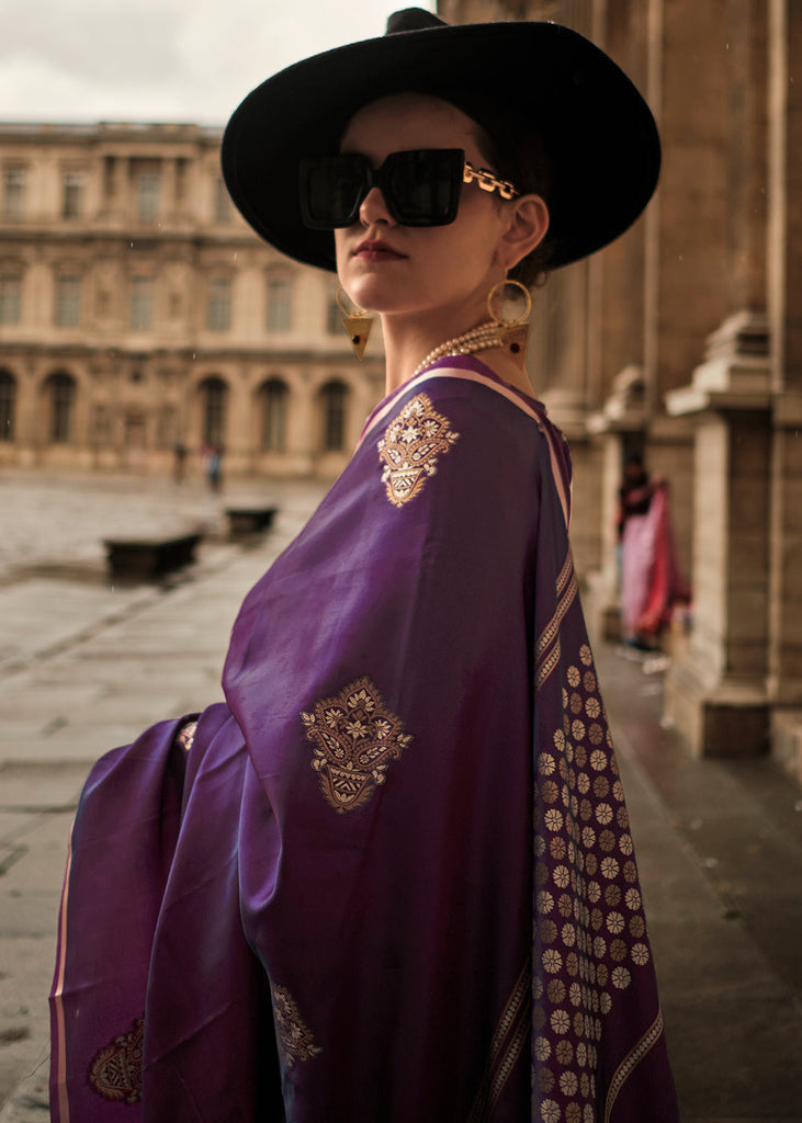 Irish Purple Handloom Woven Satin Silk Saree Clothsvilla