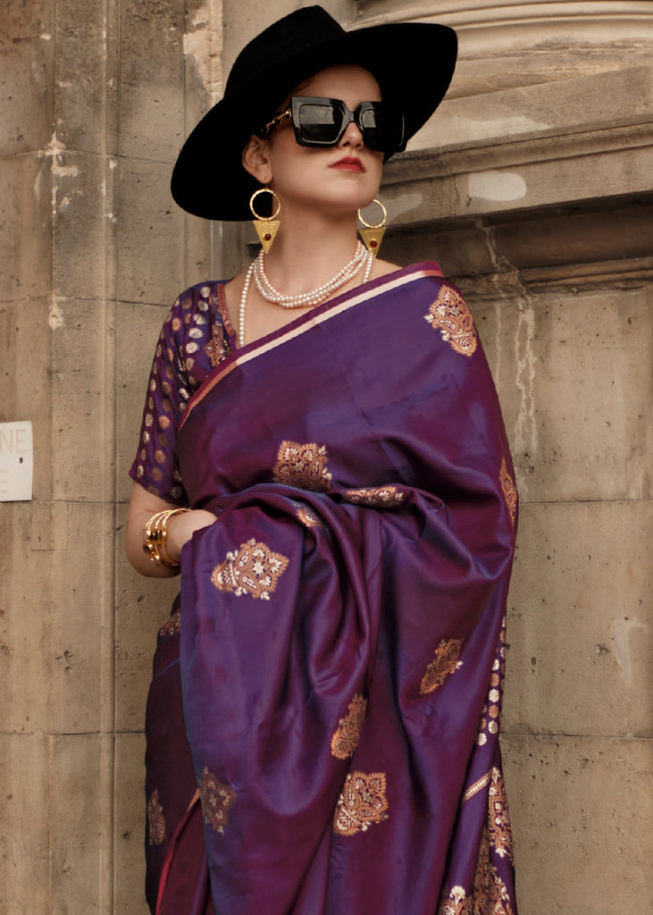 Irish Purple Handloom Woven Satin Silk Saree Clothsvilla