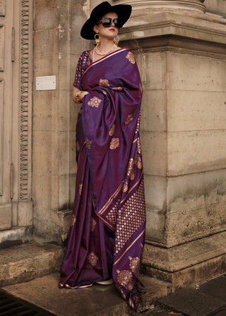 Irish Purple Handloom Woven Satin Silk Saree Clothsvilla