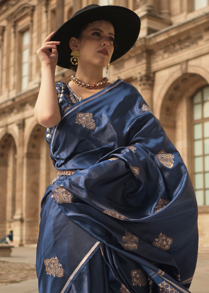 Yale Blue Handloom Woven Satin Silk Saree Clothsvilla