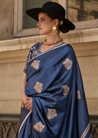 Yale Blue Handloom Woven Satin Silk Saree Clothsvilla
