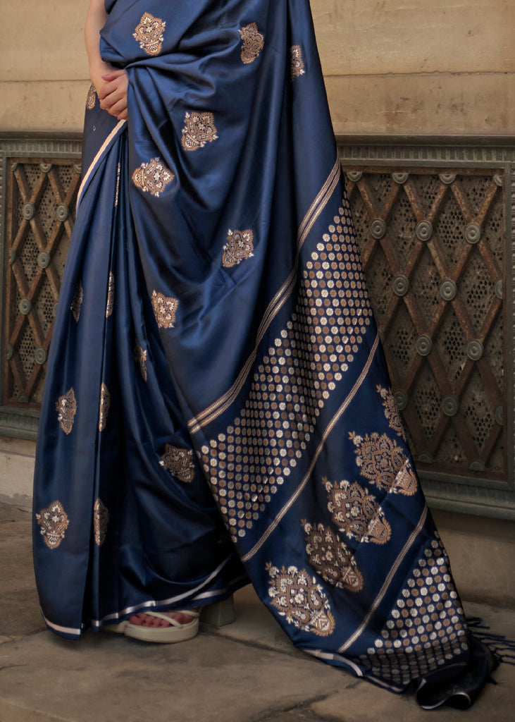 Yale Blue Handloom Woven Satin Silk Saree Clothsvilla