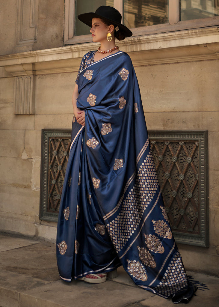 Yale Blue Handloom Woven Satin Silk Saree Clothsvilla