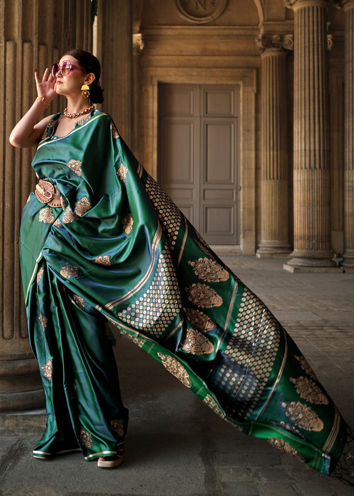 Dark Green Handloom Woven Satin Silk Saree Clothsvilla