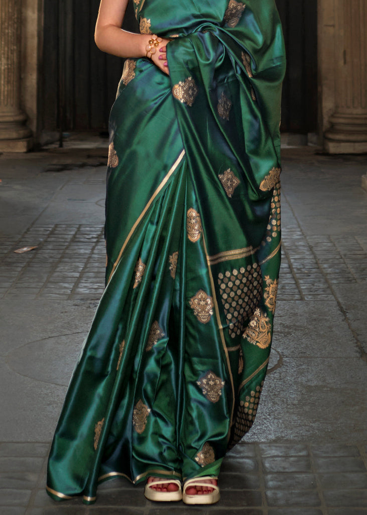 Dark Green Handloom Woven Satin Silk Saree Clothsvilla