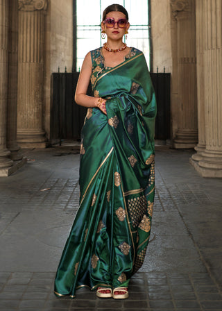 Dark Green Handloom Woven Satin Silk Saree Clothsvilla