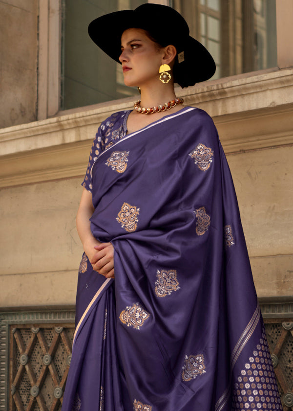 Denim Blue Handloom Woven Satin Silk Saree Clothsvilla