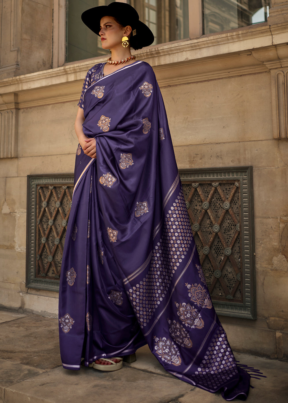 Denim Blue Handloom Woven Satin Silk Saree Clothsvilla Main image