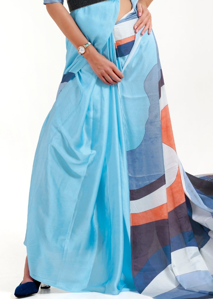 Baby Blue Digital Printed Satin Crepe Saree Clothsvilla