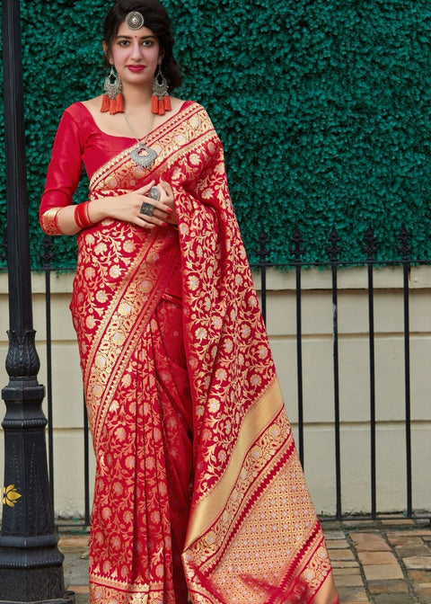 Cherry Red Banarasi Silk Saree with Floral  Zari work Clothsvilla Main image