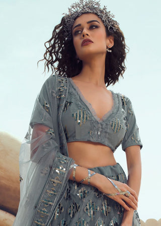Anchor Grey Soft Net Designer Lehenga Choli with overall Sequins and Thread work(Pre-Order) Clothsvilla