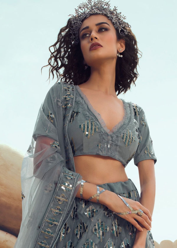 Anchor Grey Soft Net Designer Lehenga Choli with overall Sequins and Thread work(Pre-Order) Clothsvilla