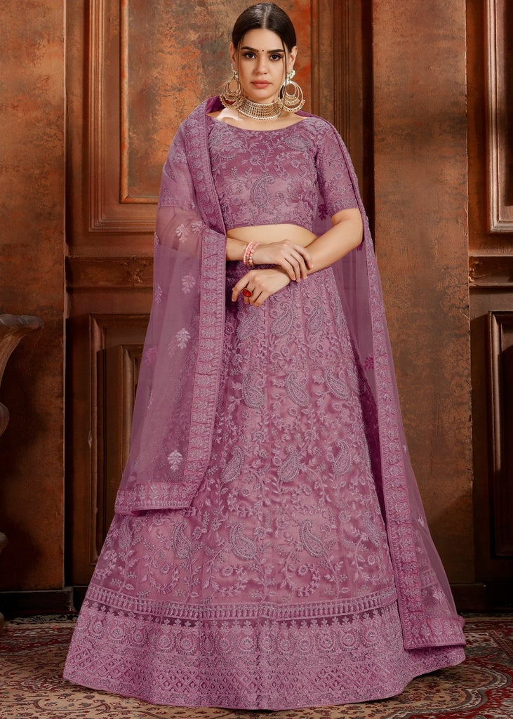 Mauve Purple Soft Net Lehenga Choli with Thread, Zarkan & Pearl work Clothsvilla