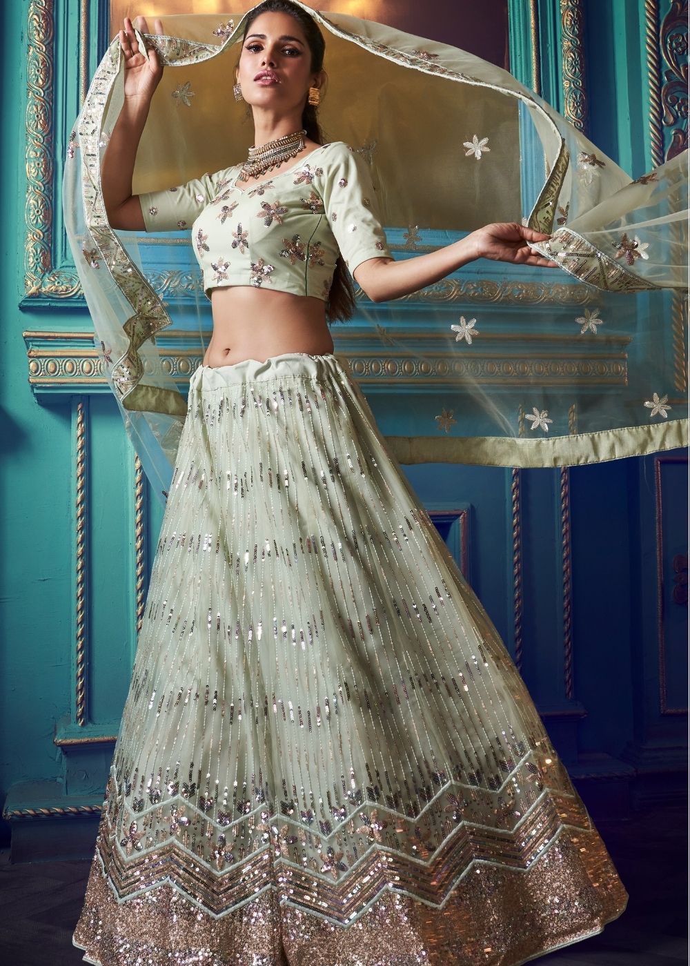Pistachio Green Designer Soft Net Lehenga Choli with Sequin and Thread work Clothsvilla Main image
