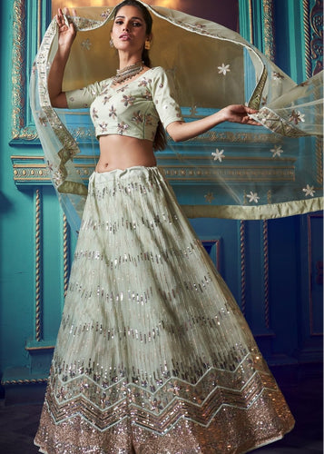 Pistachio Green Designer Soft Net Lehenga Choli with Sequin and Thread work Clothsvilla