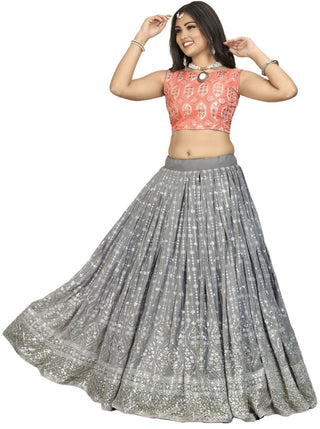Grey color Lehenga choli with Peach Blouse and Net Dupatta ClothsVilla