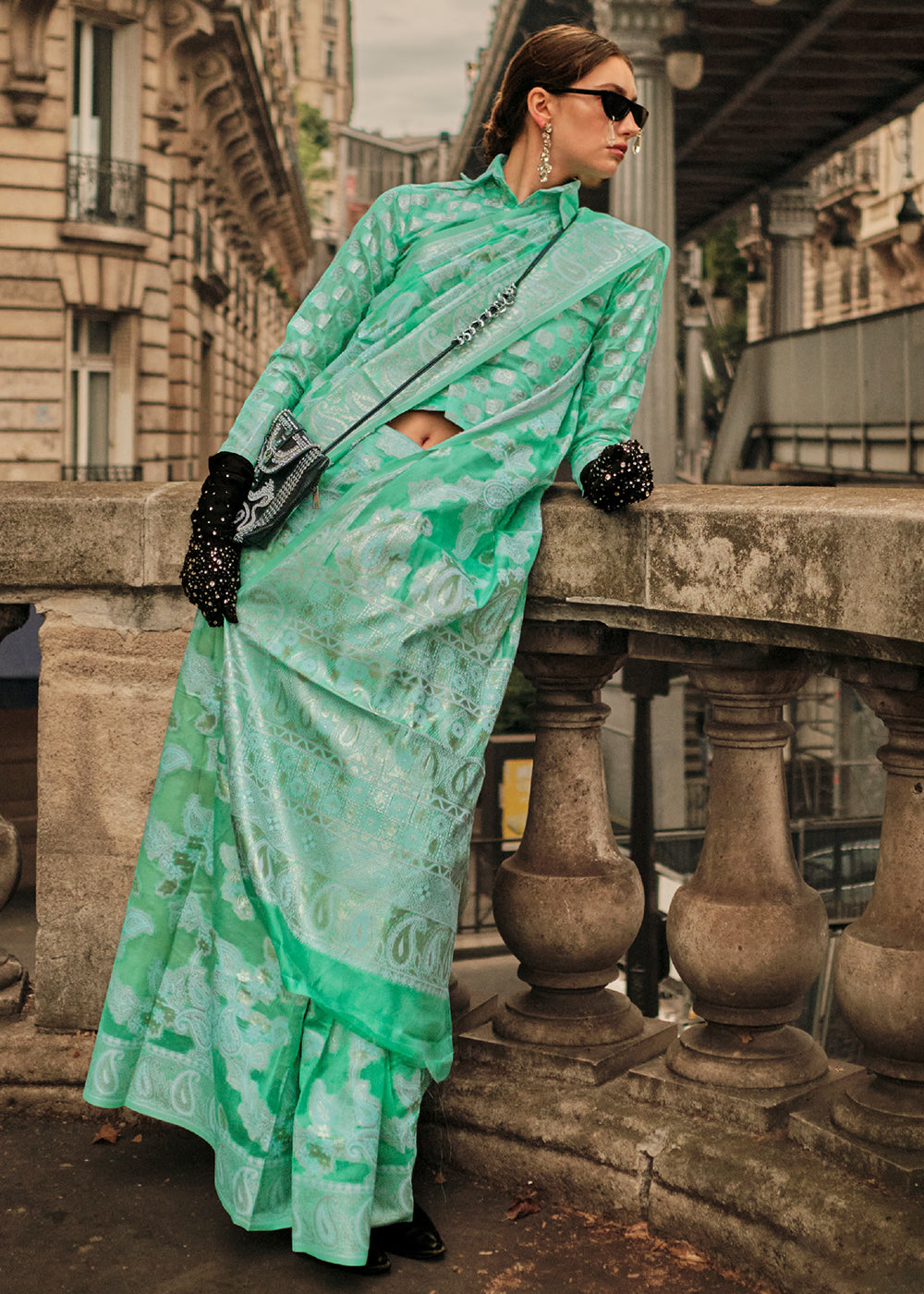 Seafoam Green Zari Handloom Woven Organza Silk Saree Secondary image