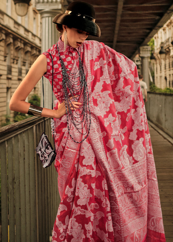 Ruby Pink Zari Handloom Woven Organza Silk Saree Clothsvilla