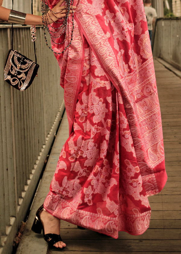 Ruby Pink Zari Handloom Woven Organza Silk Saree Clothsvilla
