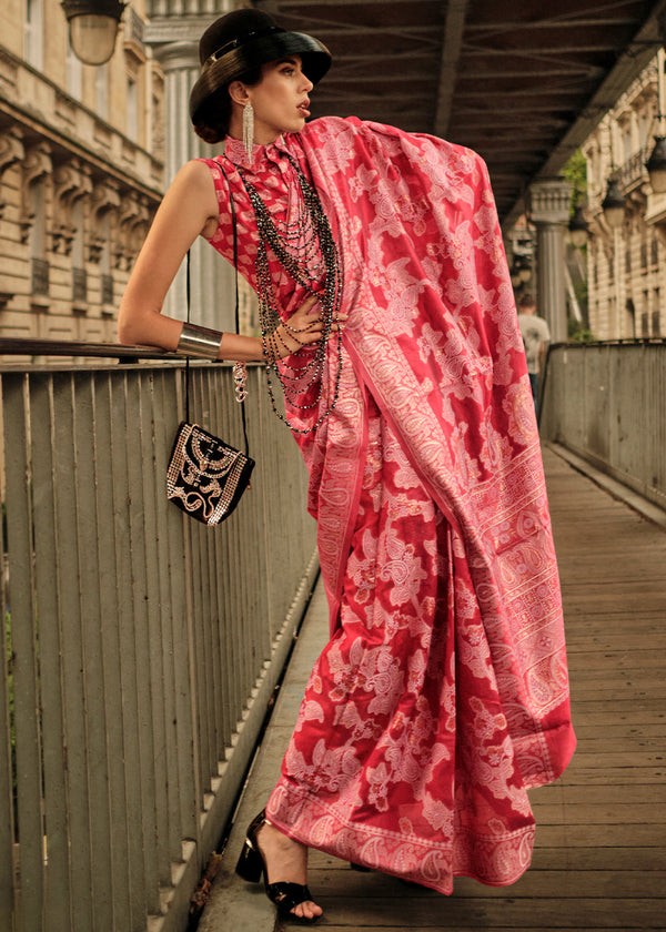 Ruby Pink Zari Handloom Woven Organza Silk Saree Clothsvilla