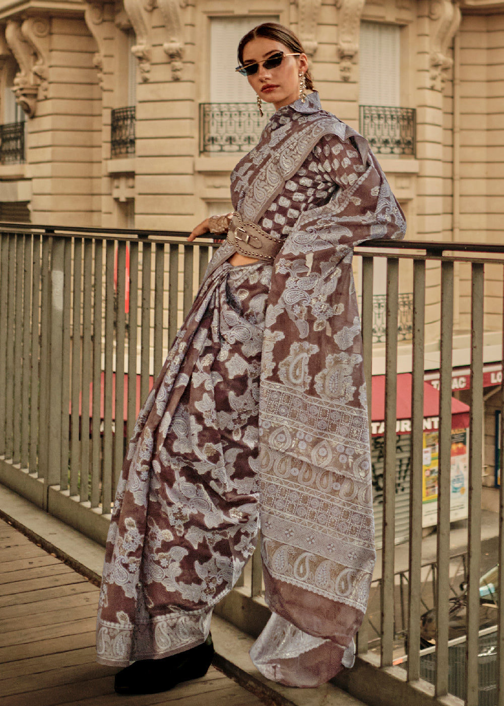 Taupe Brown Zari Handloom Woven Organza Silk Saree Secondary image