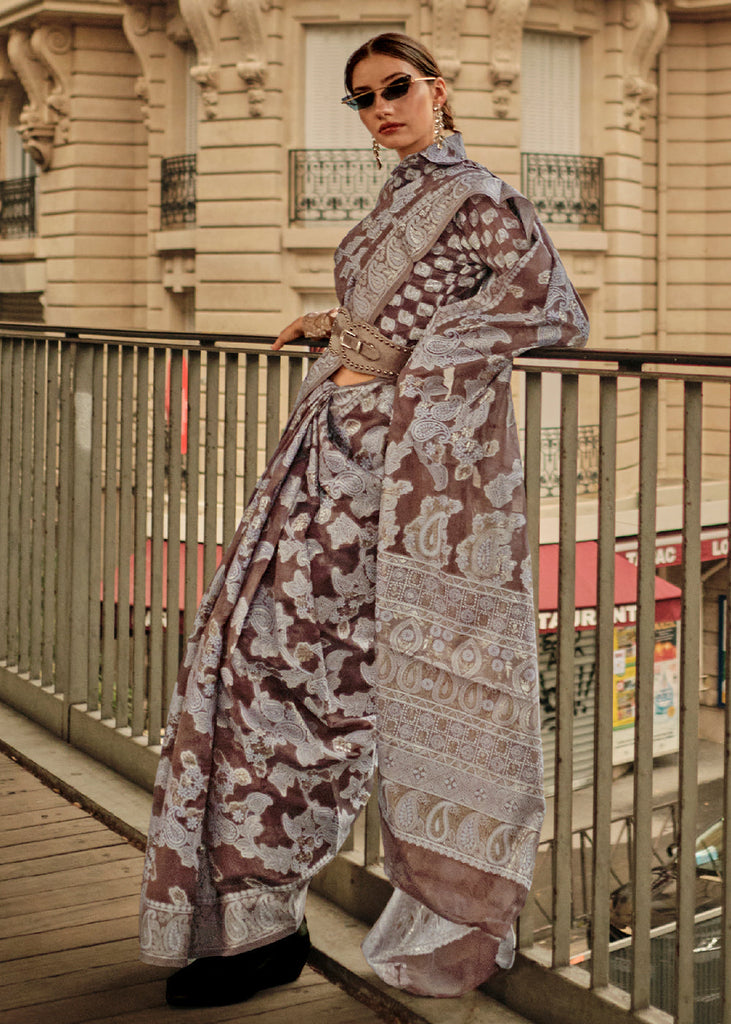 Taupe Brown Zari Handloom Woven Organza Silk Saree Clothsvilla