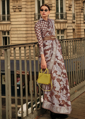 Taupe Brown Zari Handloom Woven Organza Silk Saree Clothsvilla