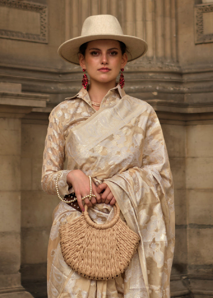 Beige Brown Zari Handloom Woven Organza Silk Saree Clothsvilla