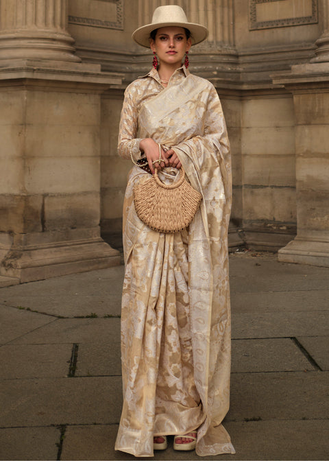 Beige Brown Zari Handloom Woven Organza Silk Saree Clothsvilla Main image