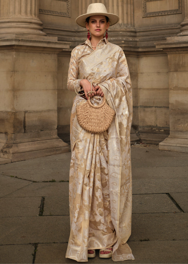 Beige Brown Zari Handloom Woven Organza Silk Saree Clothsvilla