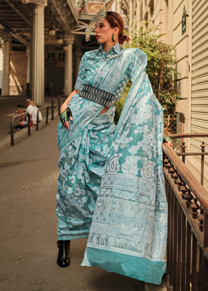 Shades Of Blue Zari Handloom Woven Organza Silk Saree Clothsvilla