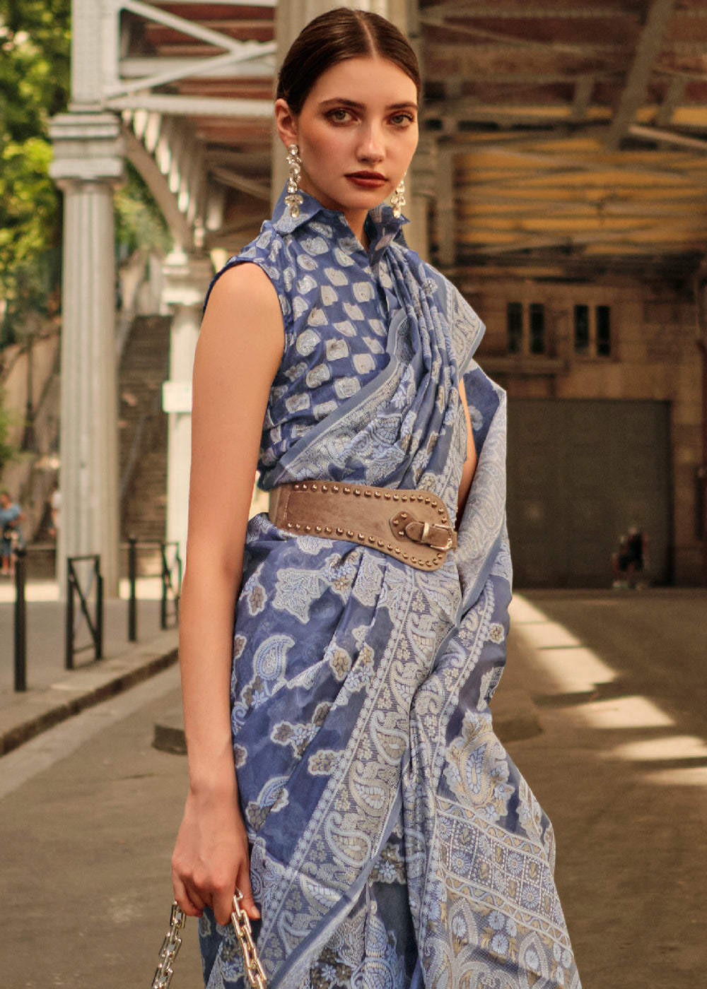 Capri Blue Zari Handloom Woven Organza Silk Saree Clothsvilla