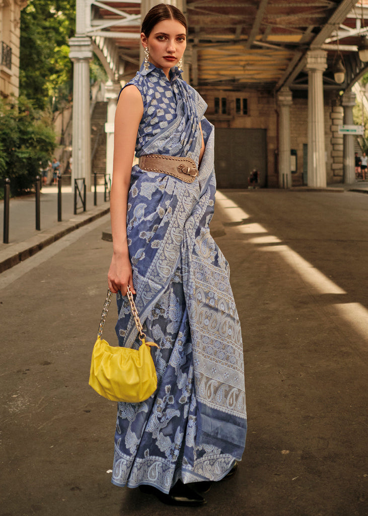 Capri Blue Zari Handloom Woven Organza Silk Saree Clothsvilla