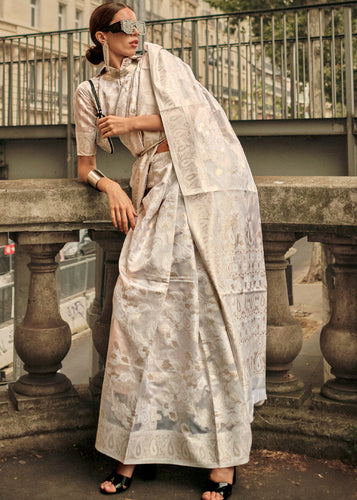Parchment White Zari Handloom Woven Organza Silk Saree Clothsvilla