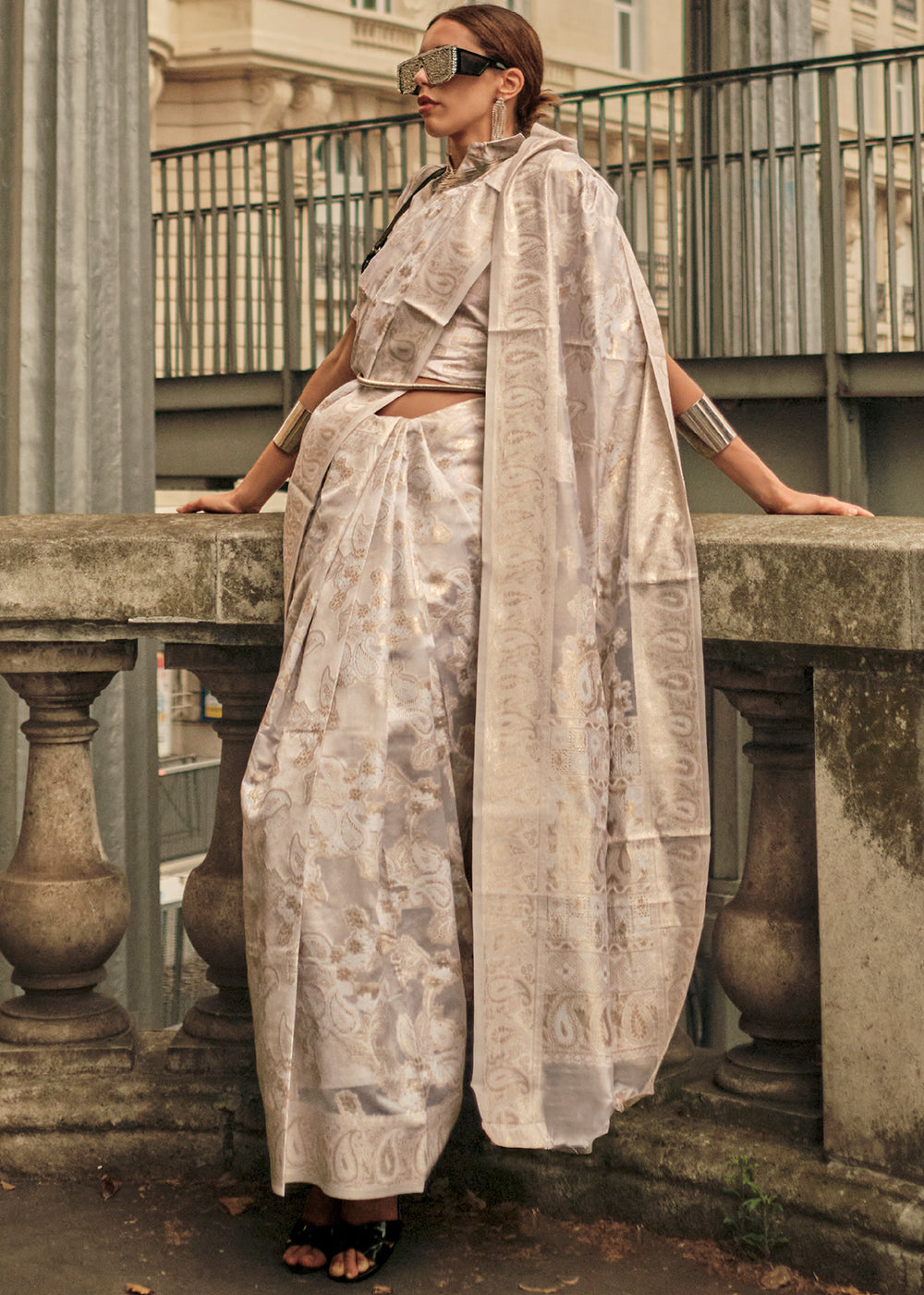 Parchment White Zari Handloom Woven Organza Silk Saree Clothsvilla
