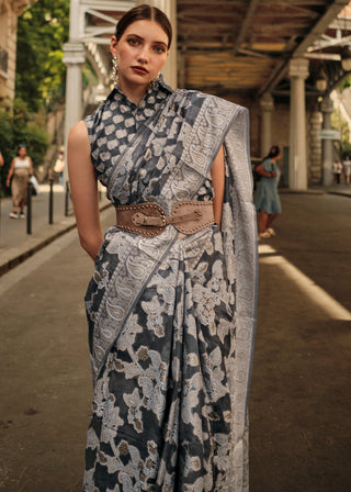 Anchor Grey Zari Handloom Woven Organza Silk Saree Clothsvilla